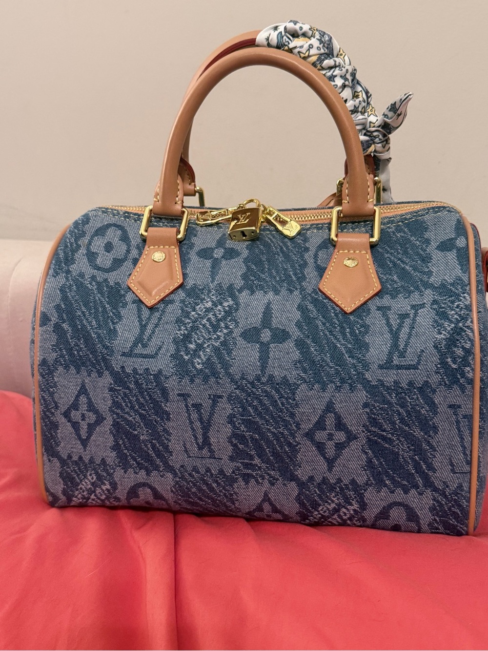 Blue Denim Monogram Handbag with Tan Handles